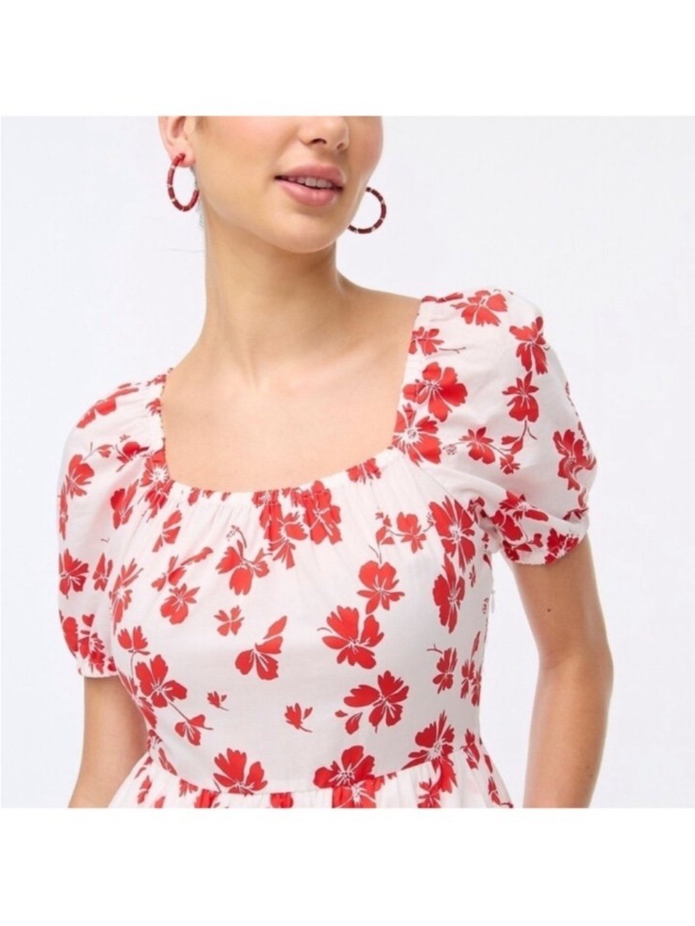 Red Floral Puff Sleeve Midi Dress White Cotton Cottagecore Feminine Chic | 12 - Picture 6 of 8